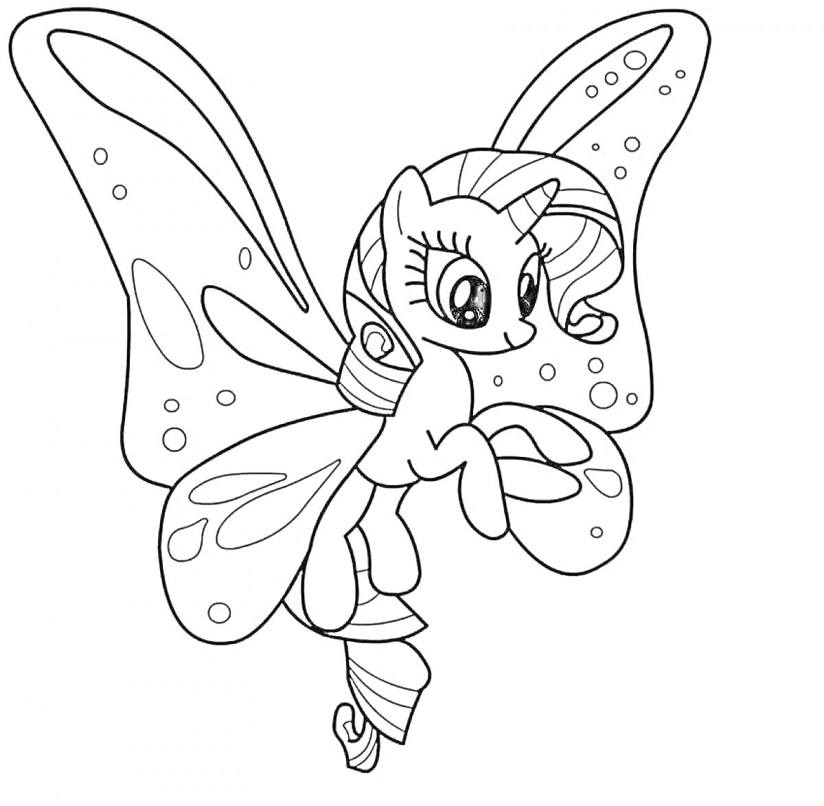 Раскраска Пони с крыльями бабочки и единорогом