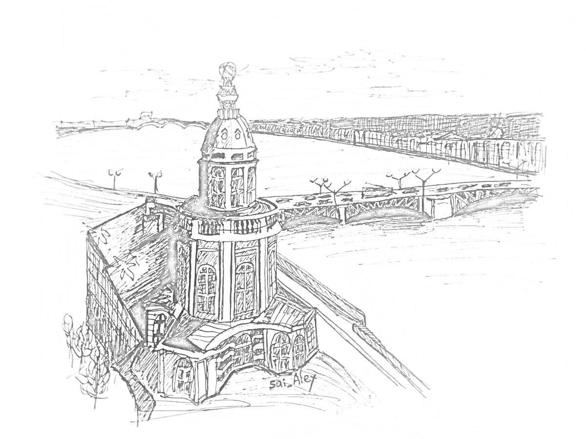 Раскраска Кунсткамера и вид на реку и мост