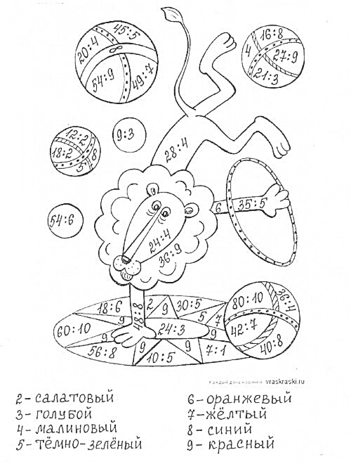 Раскраска Лев жонглирует мячами с примерами таблицы умножения на 4