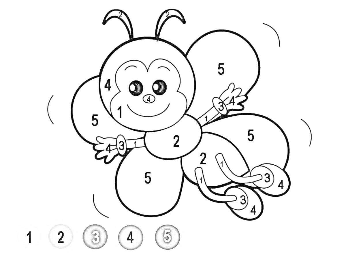 Раскраска Бабочка с улыбкой и распахнутыми крыльями, раскраска по номерам