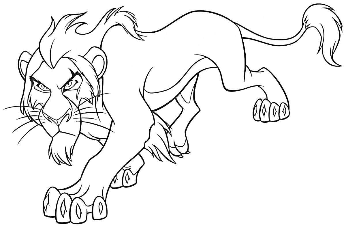 На раскраске изображено: Король Лев, Лев, Движение, Для детей, Животные, Шрамы