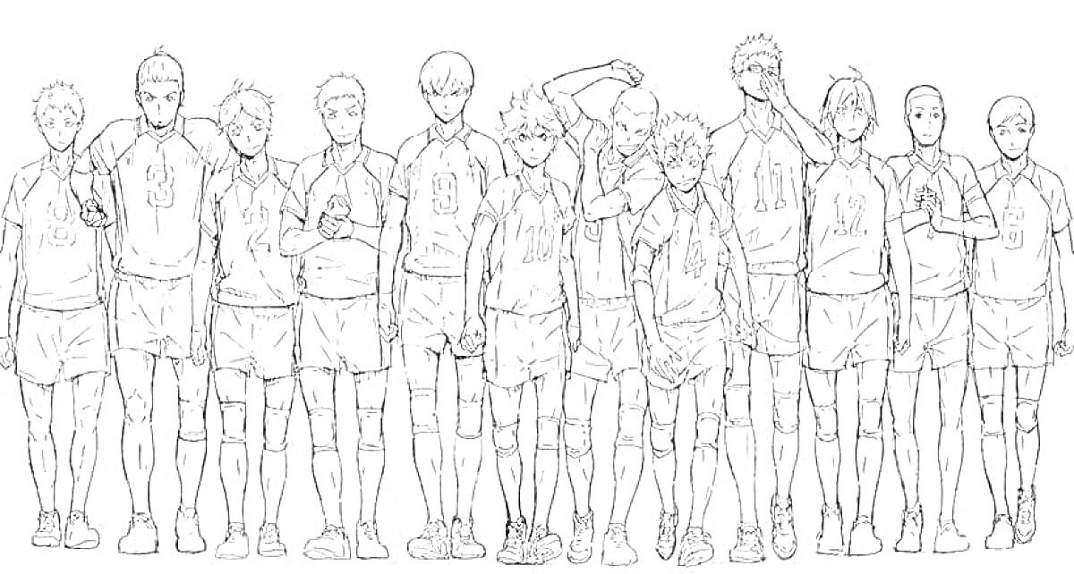 Раскраска Команда по волейболу с одиннадцатью игроками в форме