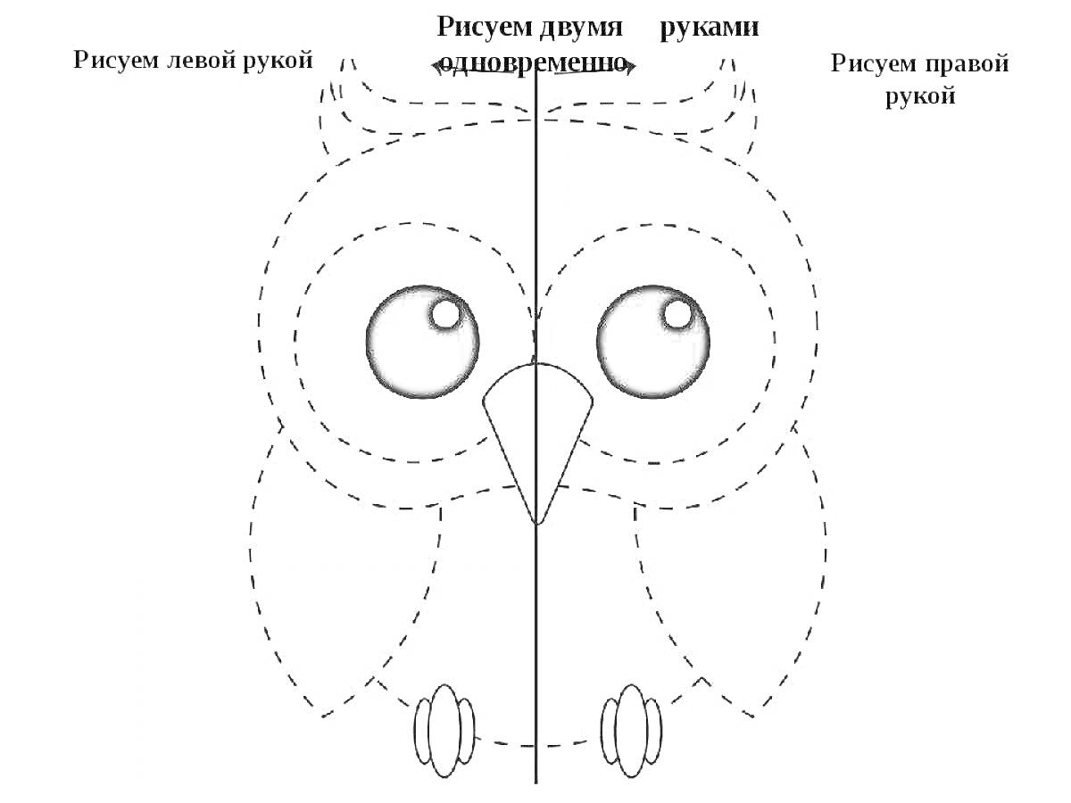 Сова с заданиями для рисования двумя руками