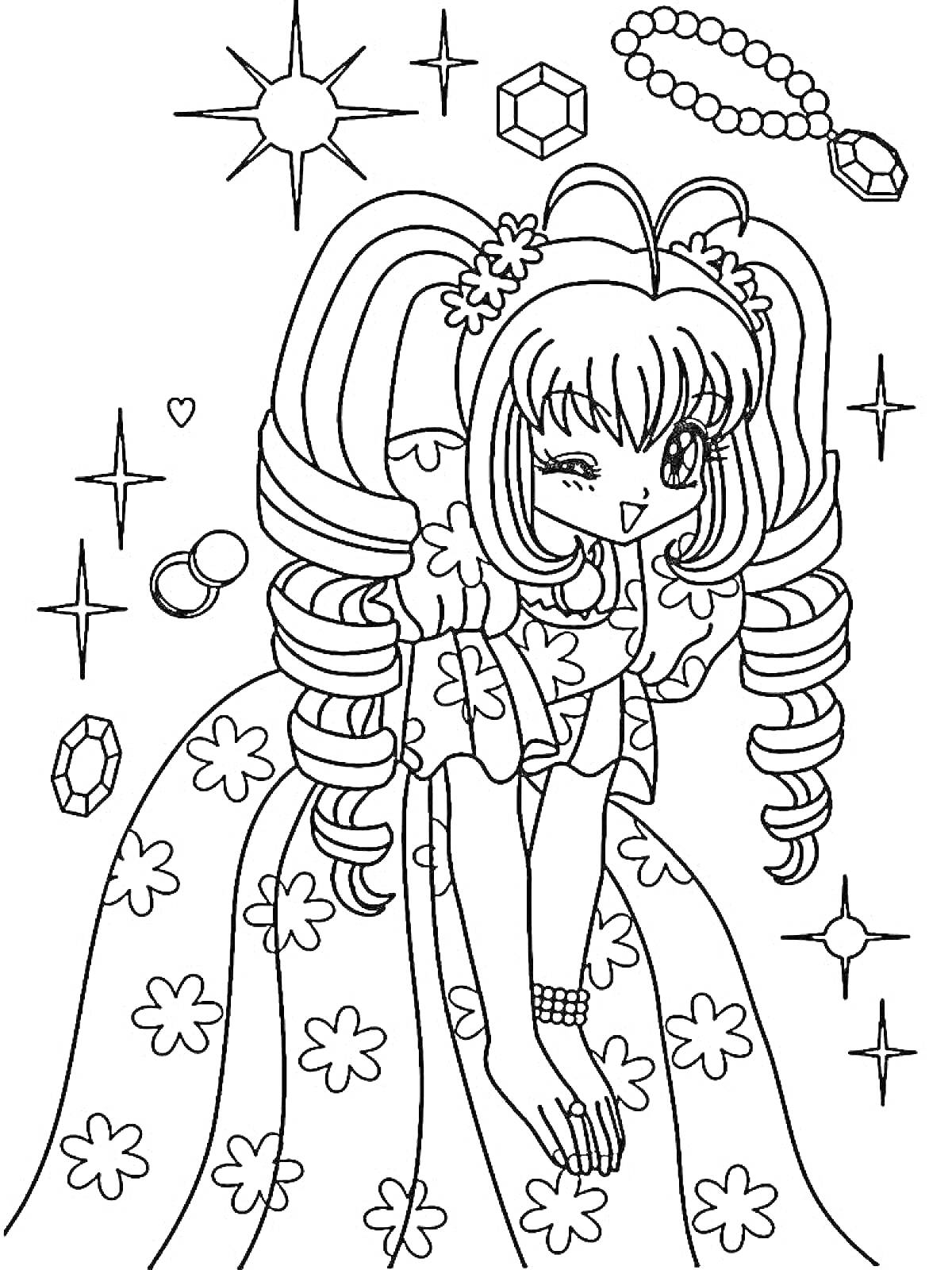 Раскраска Девочка-аниме в платье с цветами, с украшениями и звездами