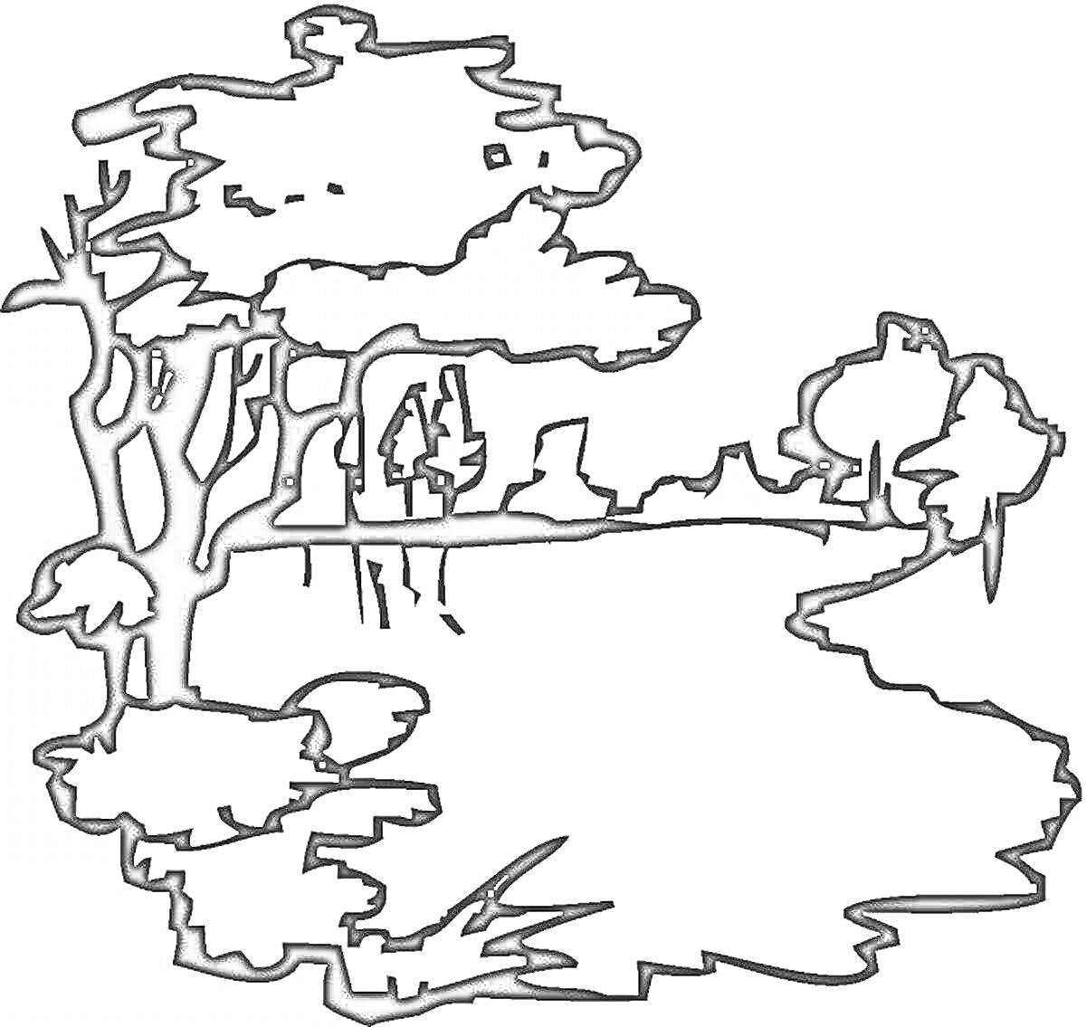 На раскраске изображено: Озеро, Деревья, Природа, Берег, Пейзаж, Кусты