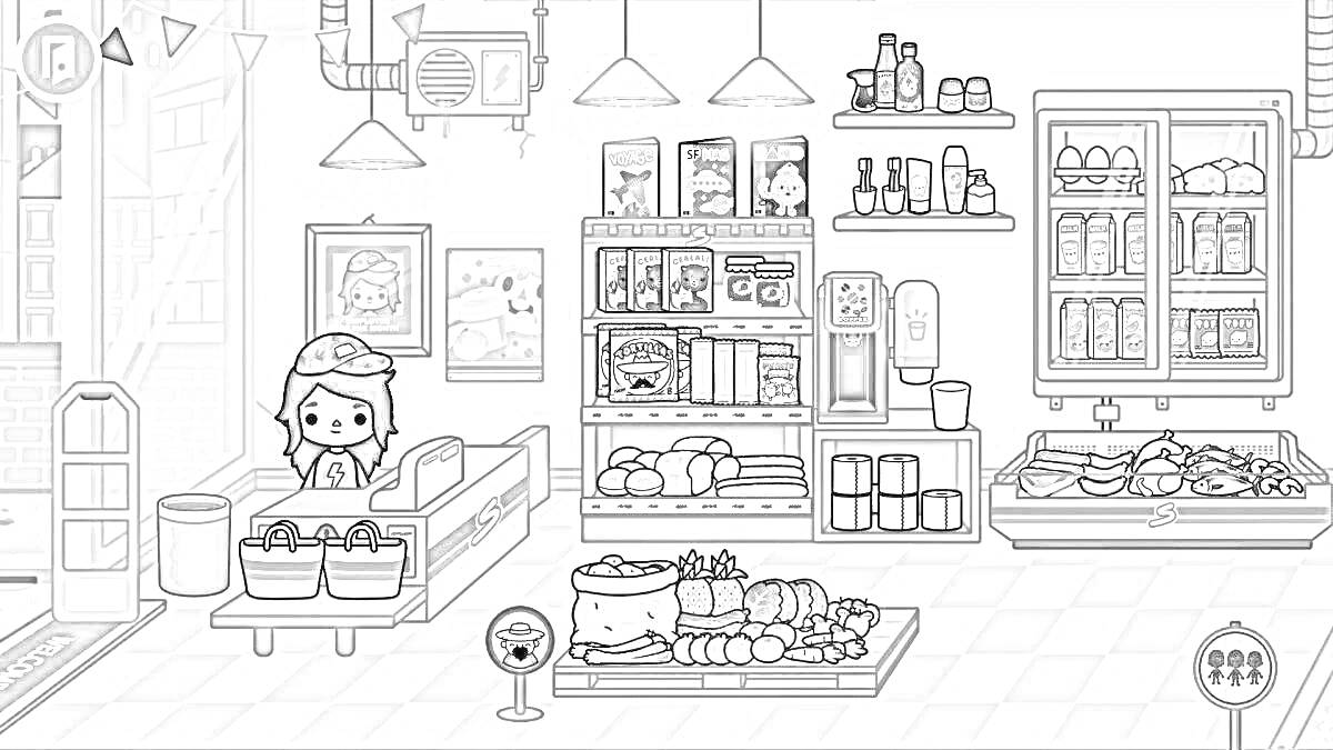 Раскраска Магазин с полками продуктов, овощами и фруктами, холодильником с напитками и хлебом