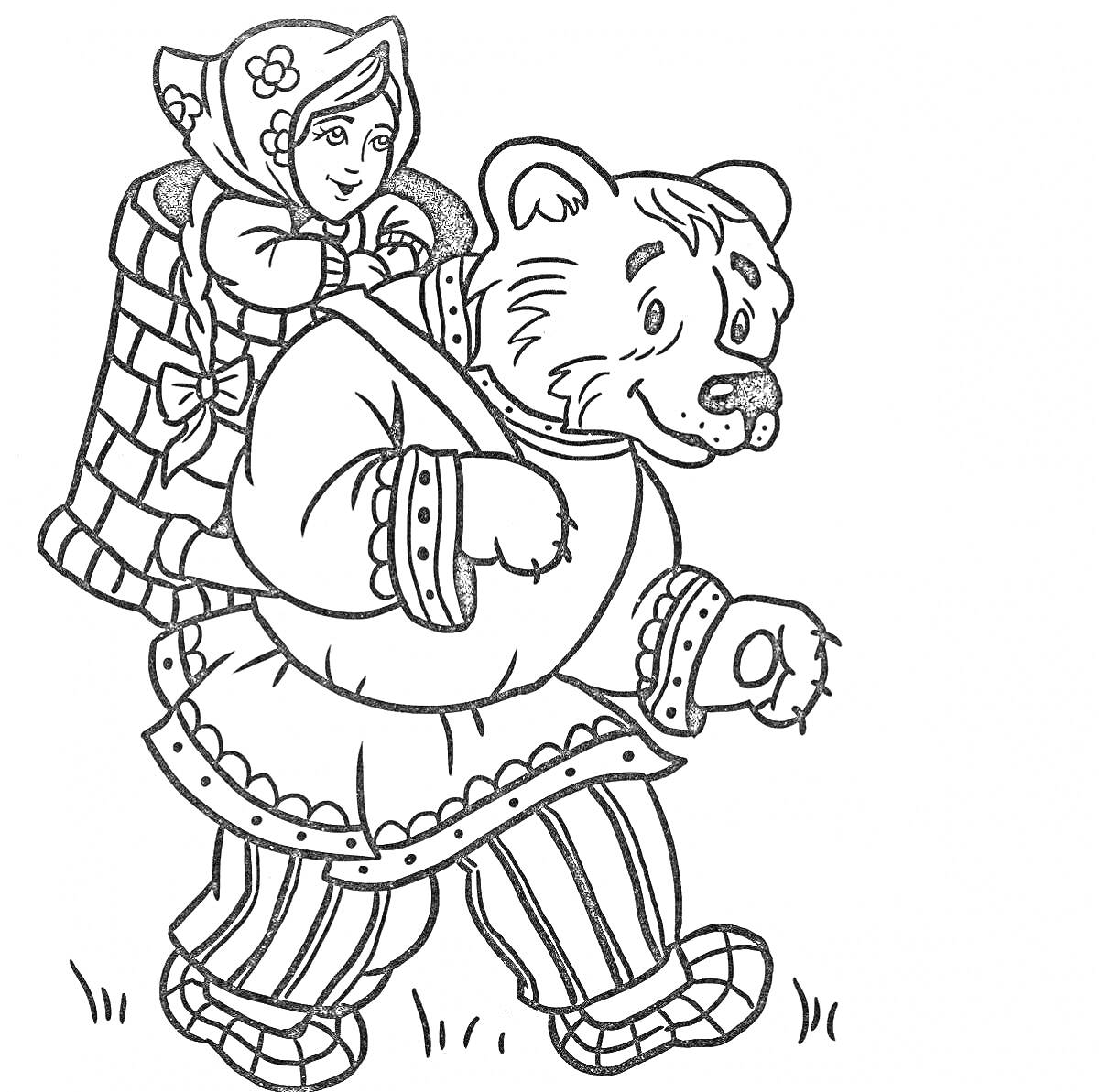 Раскраска Девочка в кокошнике сидит в корзинке за спиной медведя в рубахе и штанах