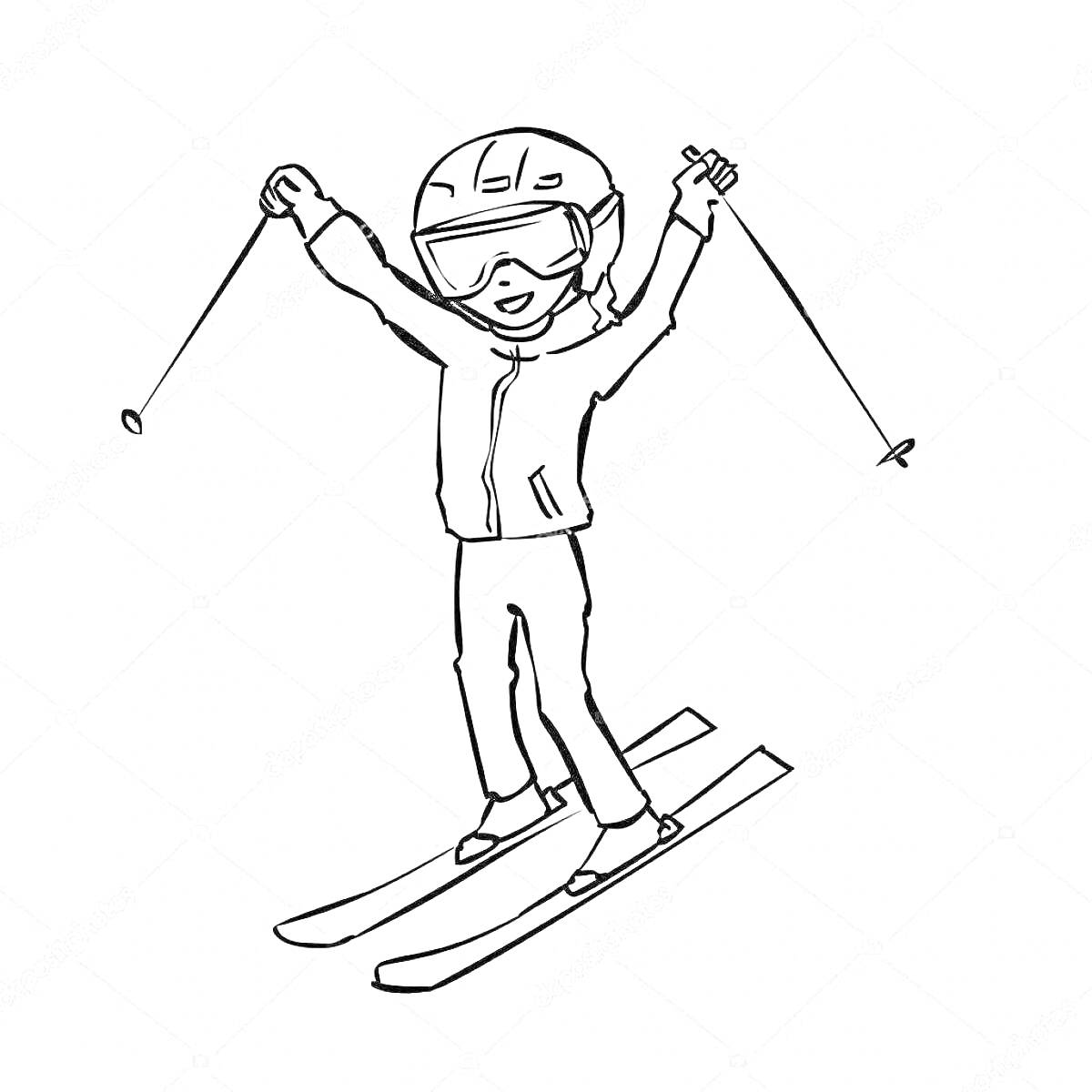 На раскраске изображено: Лыжник, Спорт, Зима, Движение, Лыжи, Палки, Куртка, Ботинки, Активность