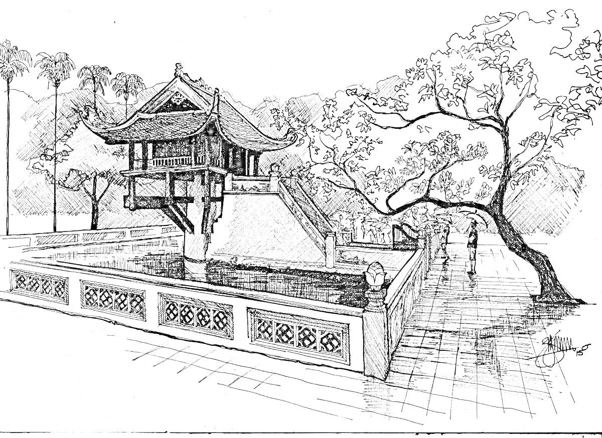 Раскраска Японский сад с традиционным зданием, мостиком, деревьями и прохожим