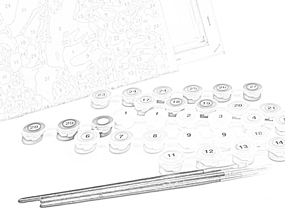 Набор для раскраски по номерам с засохшими красками, включает холст с нанесенными номерами, баночки с красками, кисти
