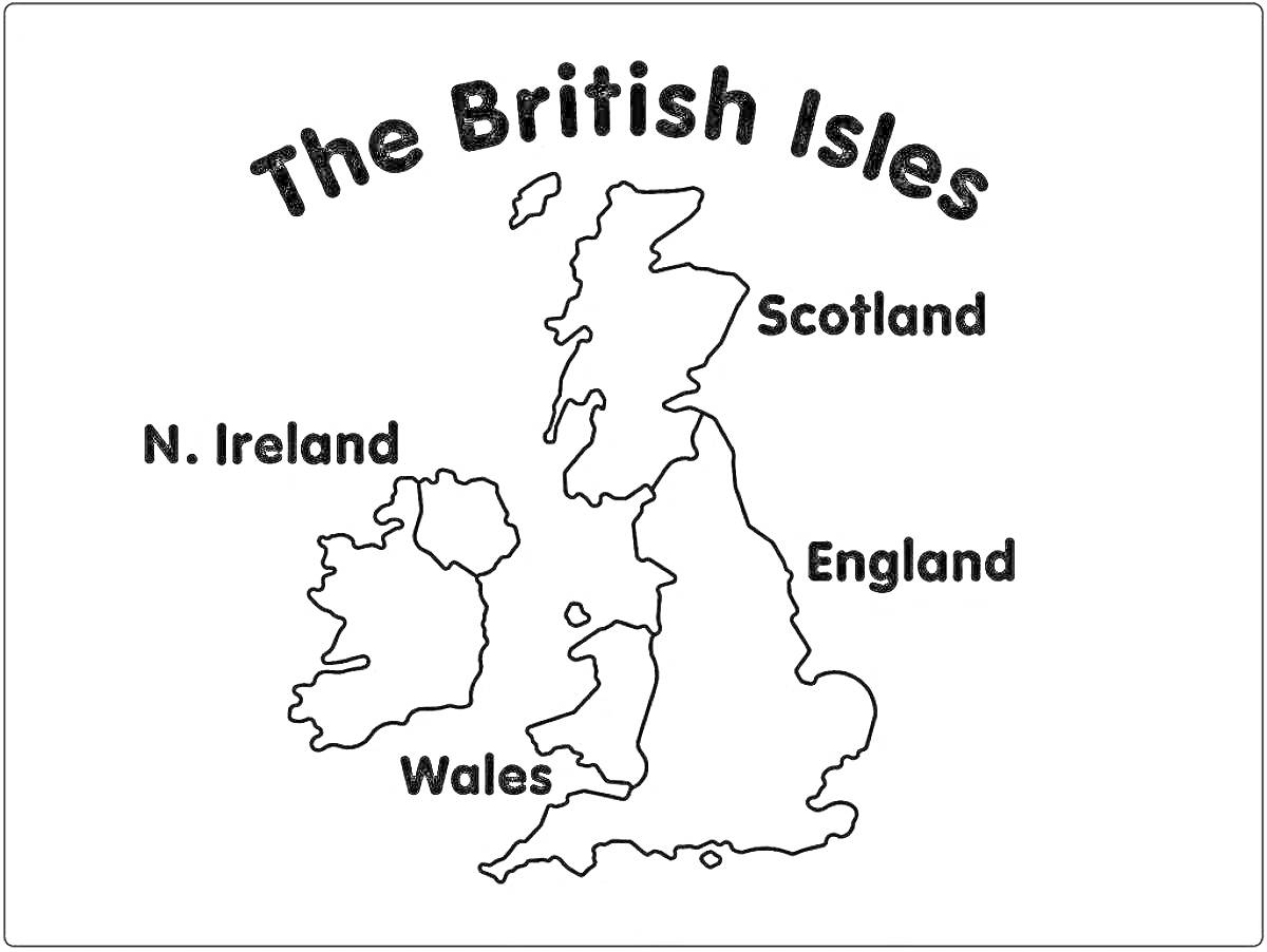 Раскраска Карта Великобритании с контуром и подписями Шотландии, Англии, Уэльса и Северной Ирландии