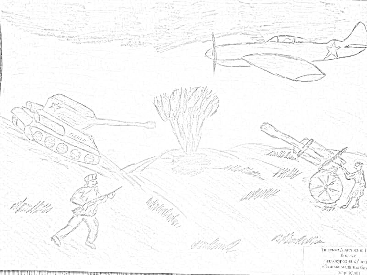 Раскраска Танковая атака, пехотинец с винтовкой, артиллерийское орудие, истребитель в небе, взрыв