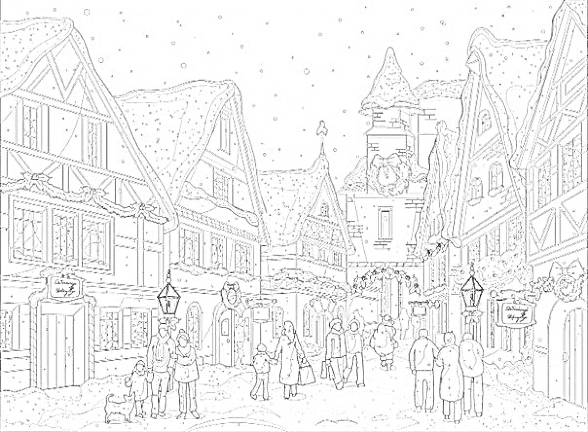 Раскраска Зимний городок с людьми и собаками