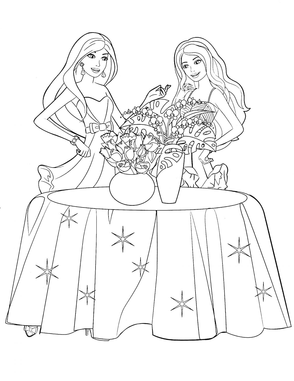 Раскраска Барби и подруга в вечерних платьях возле стола с букетами цветов