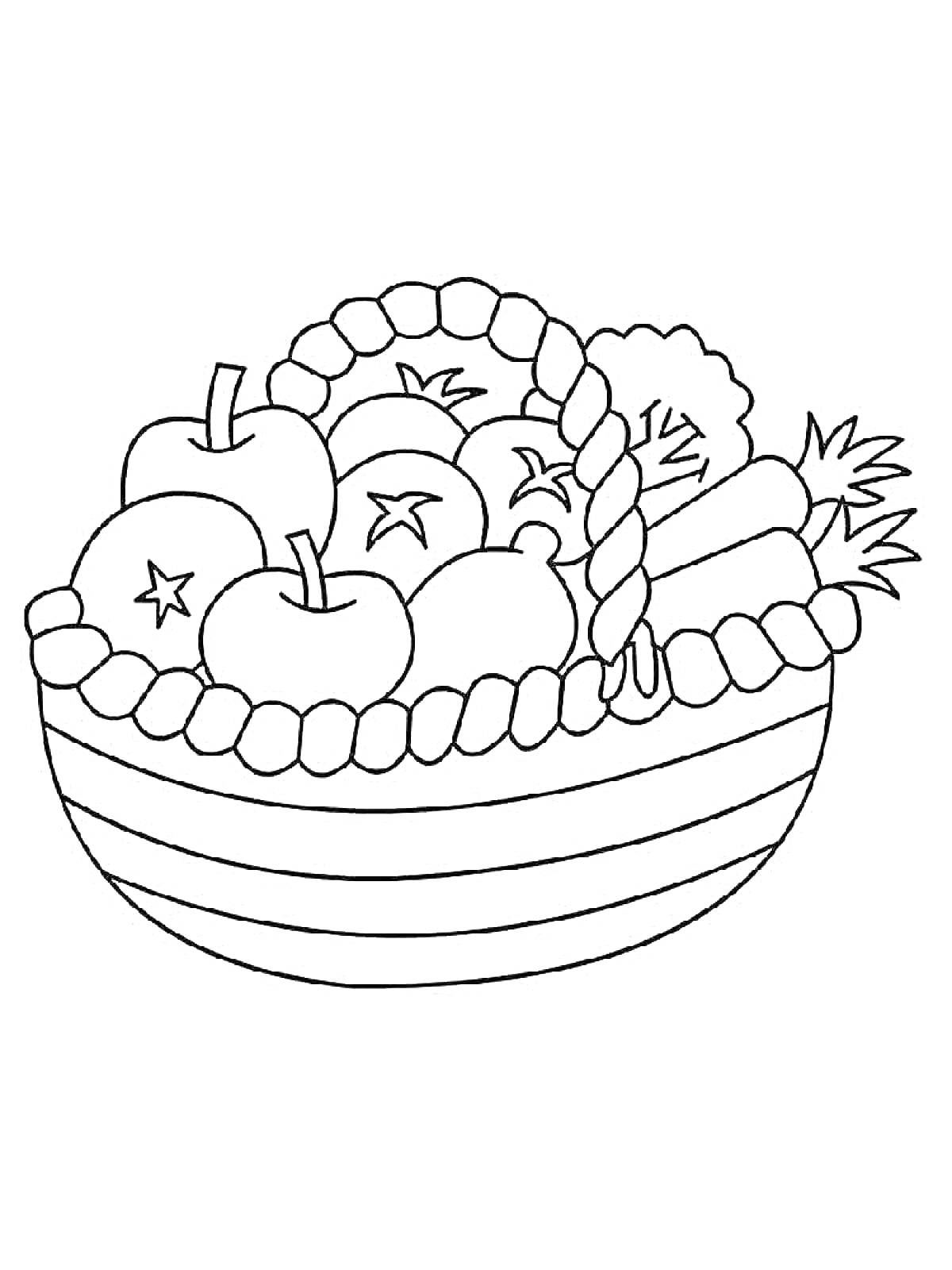 На раскраске изображено: Корзинка, Морковь, Брокколи, Овощи, Фрукты, Еда, Яблоко, Помидор