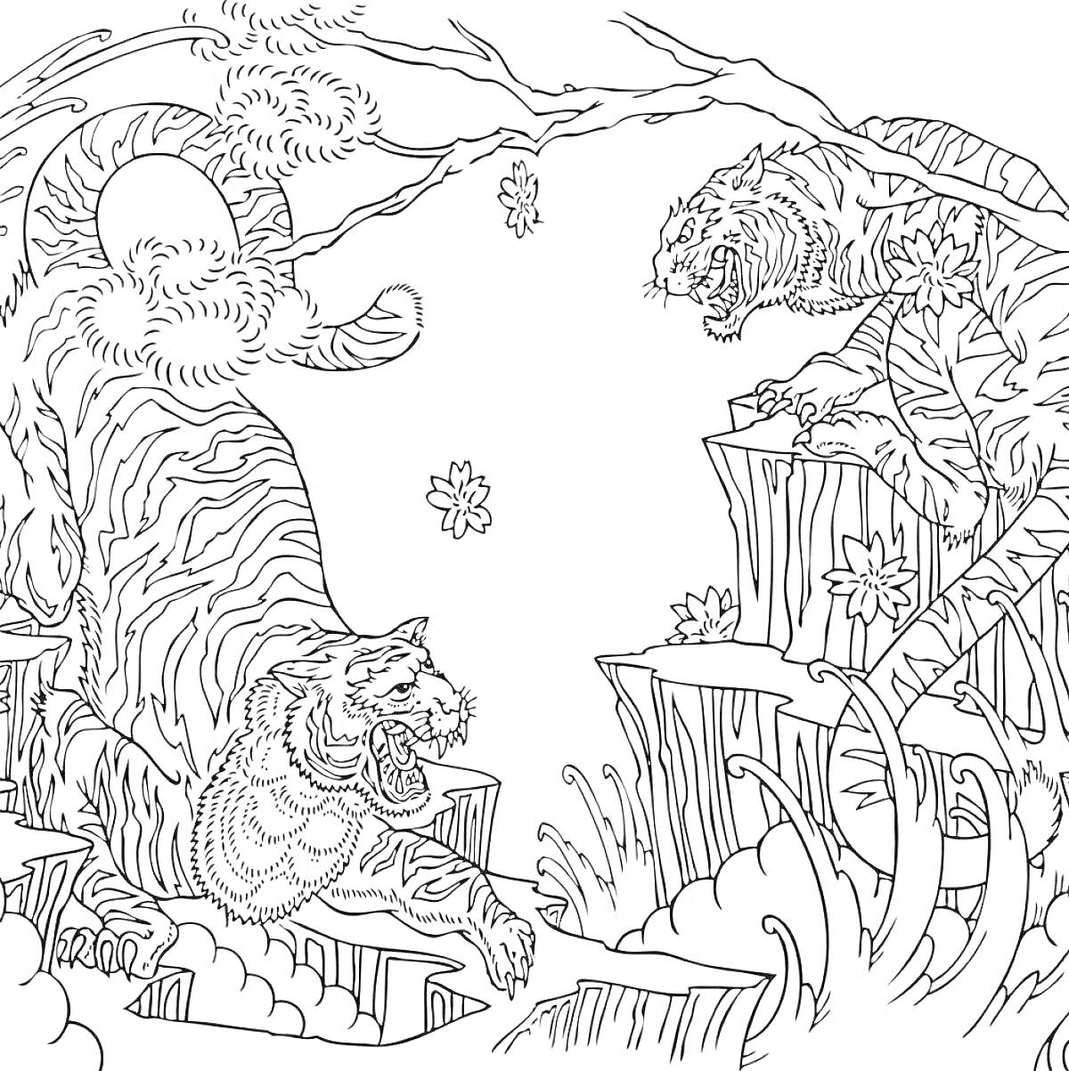 Раскраска Два тигренка на скалах посреди леса, с цветами и облаками