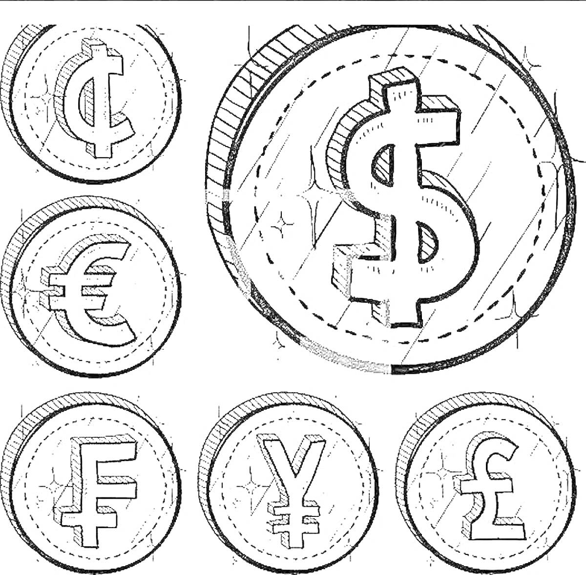 Монеты с символами валют: доллар, цент, евро, франк, иена, фунт