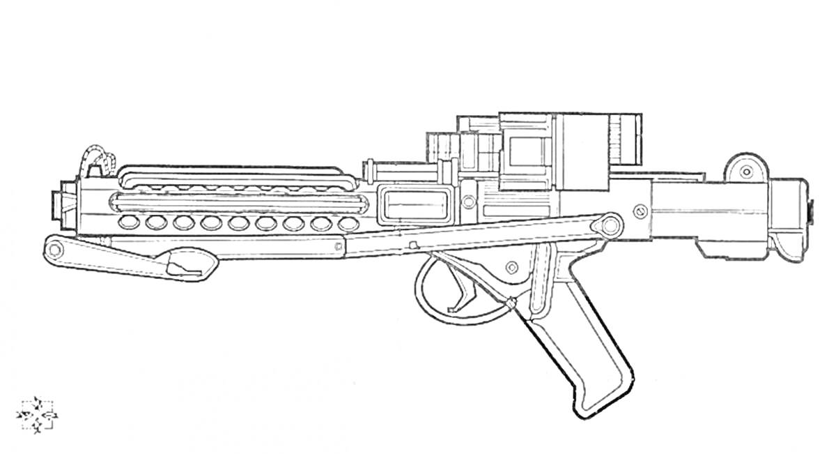 На раскраске изображено: Оружие, Пистолет-пулемет, Прицел, Линии, Контурные рисунки, Чертежи
