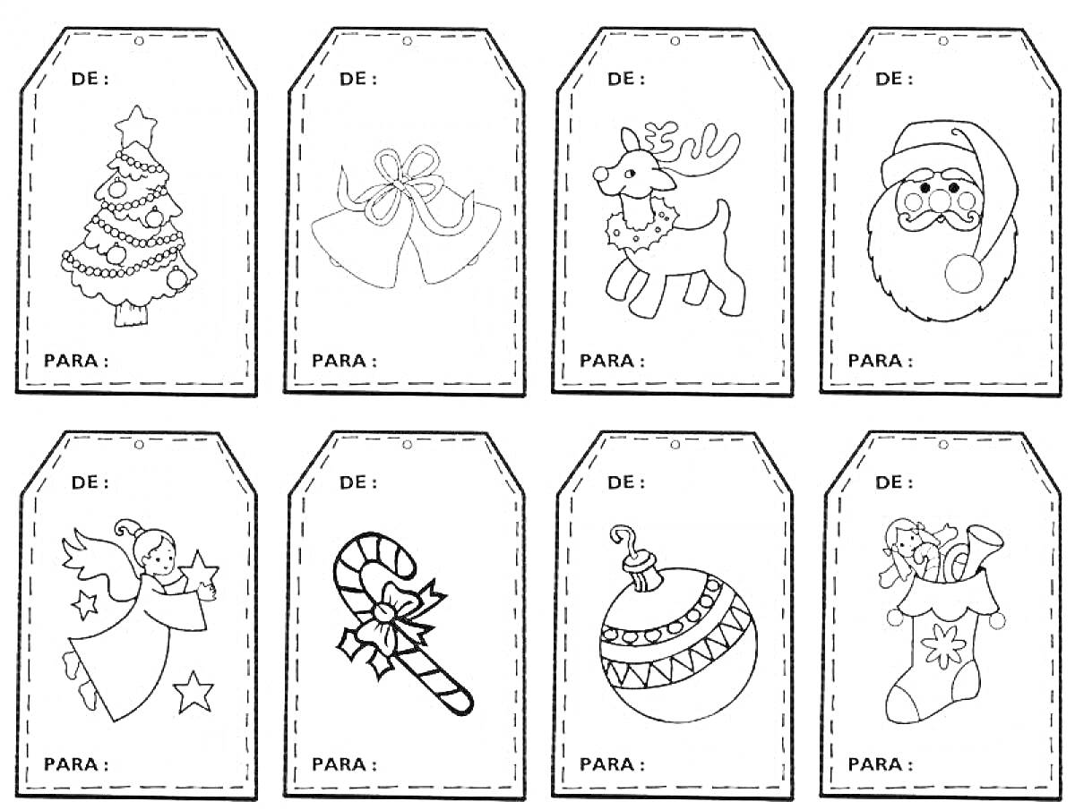Раскраска новогодние наклейки с ёлкой, бантиками, оленем, Дедом Морозом, ангелом, леденцом, ёлочным шаром и носком с подарками.