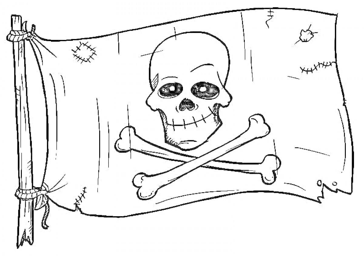 Раскраска Череп и скрещенные кости на пиратском флаге с заплатками и разрывами