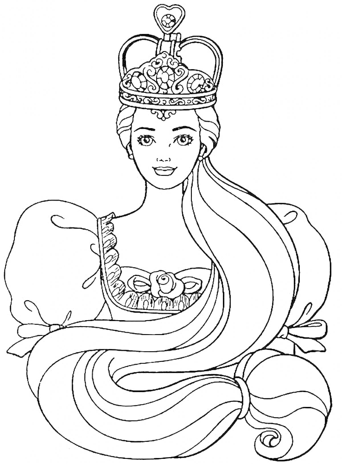 На раскраске изображено: Принцесса, Корона, Длинные волосы, Пышное платье, Для детей, Из сказок