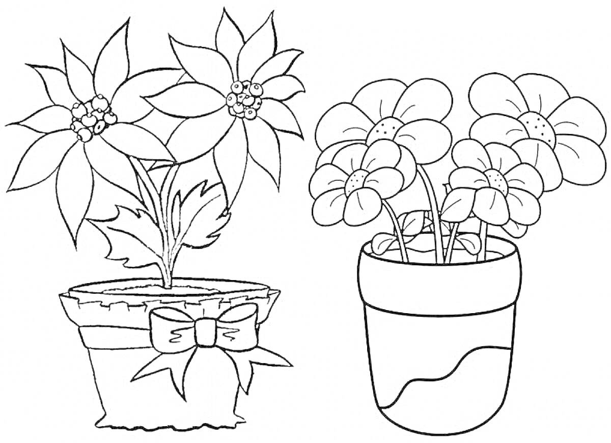 Раскраска Растения в горшках с цветами: один горшок с цветком, украшенный бантом, другой горшок с узором и цветами