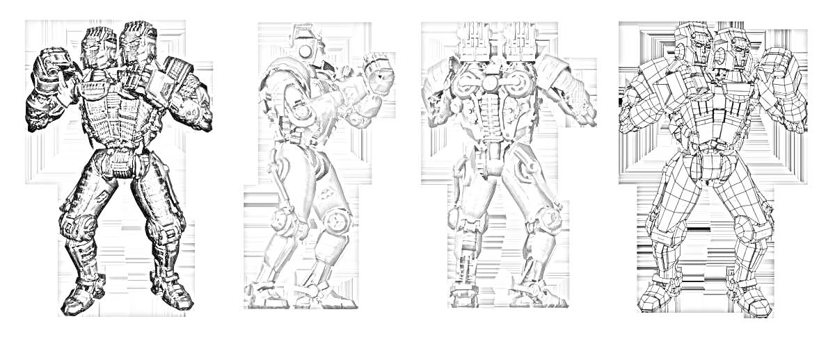 Раскраска Четыре боевых робота в боевых стойках