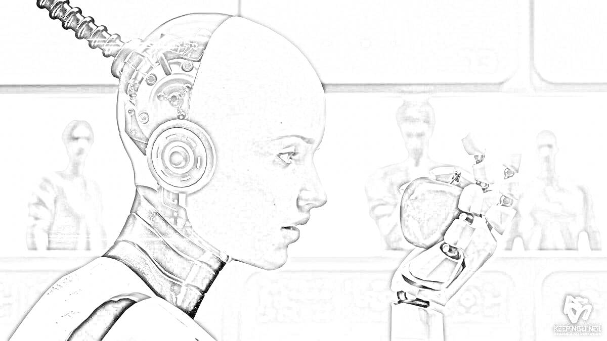На раскраске изображено: Искусственный интеллект, Робот, Гуманоид, Человекоподобный, Будущее, Киборг