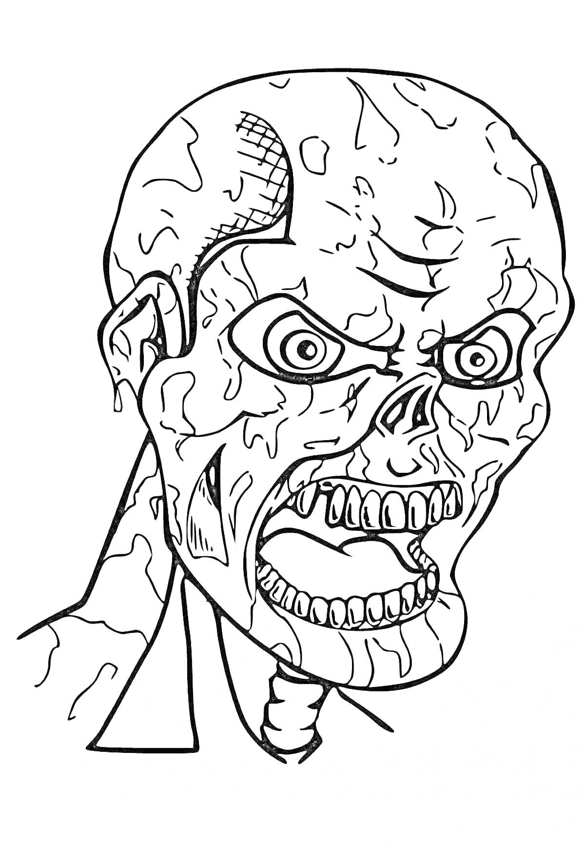 Раскраска Зомби с повреждённой кожей и эмоцией гнева