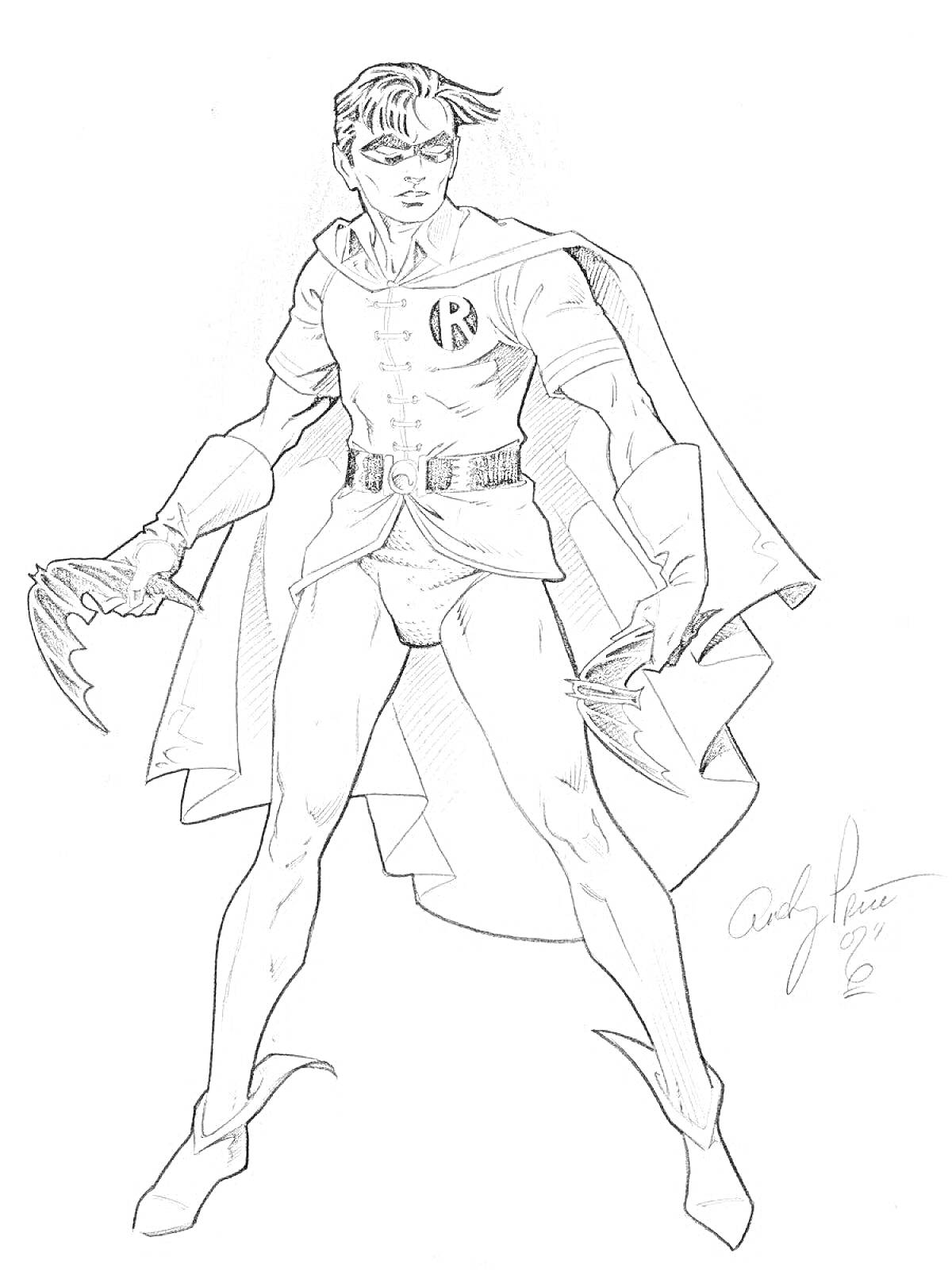 Раскраска Робин (супергерой). Мужчина в костюме Робина, с логотипом 