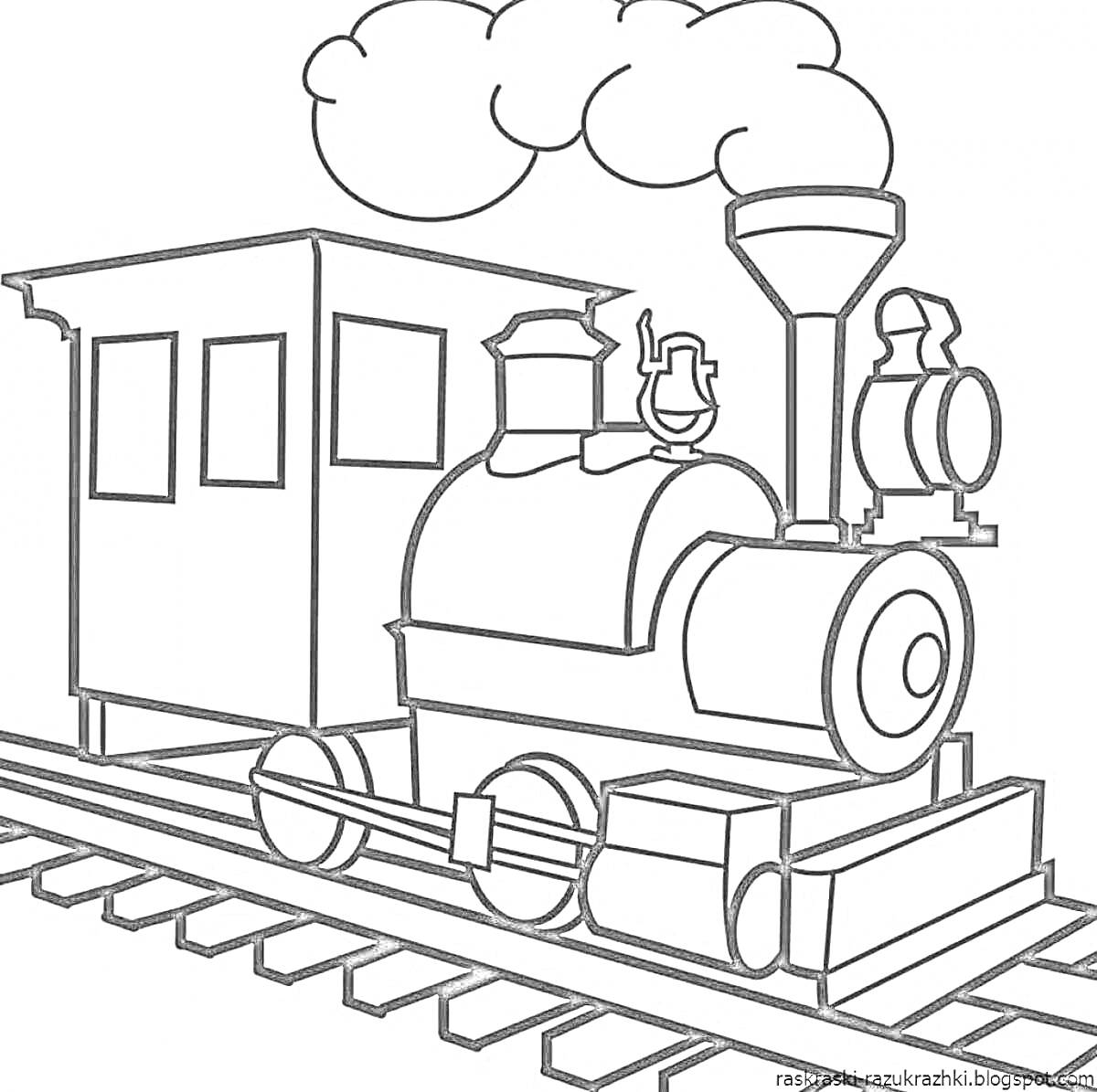 На раскраске изображено: Поезд, Паровоз, Рельсы, Вагоны, Дым, Транспорт, Локомотив, Для детей