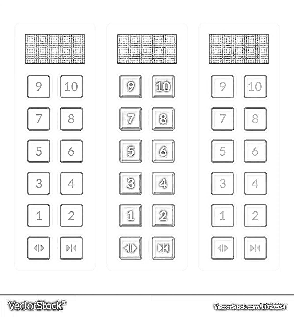 Раскраска Кнопки лифта с цифрами, стрелками и дополнительными символами, включая кнопки 1-10, стрелки вверх и вниз, и кнопки открытия/закрытия дверей.