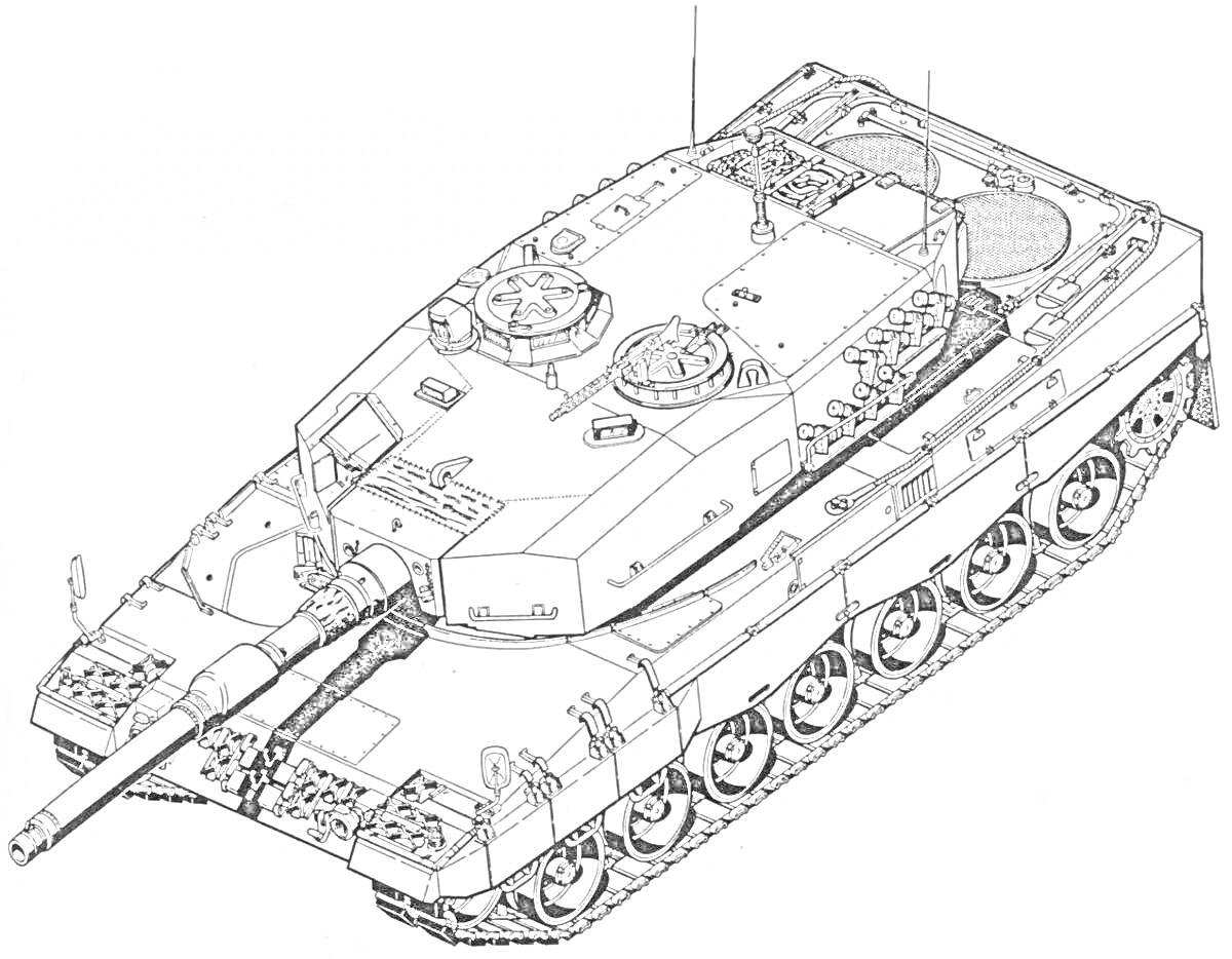 Леопард танк с башней, пушкой, колесной базой и деталями корпуса