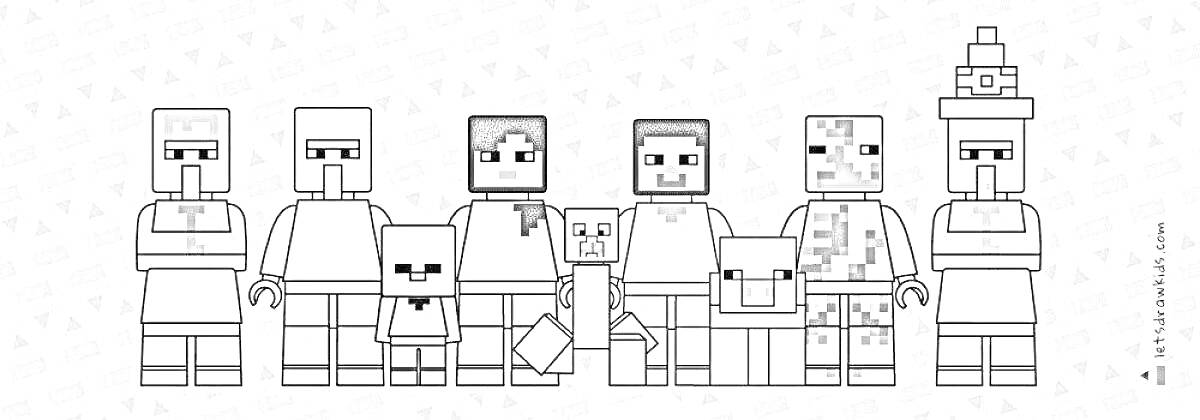Раскраска Лего Minecraft персонажи, зомби, кошка, собака, человек, овца, свинья, скелет, житель