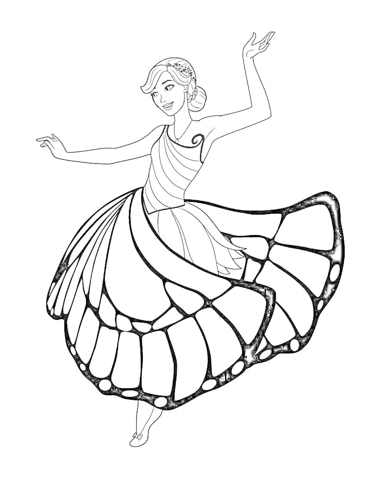 Раскраска Принцесса-балерина в платье с крылышками бабочки
