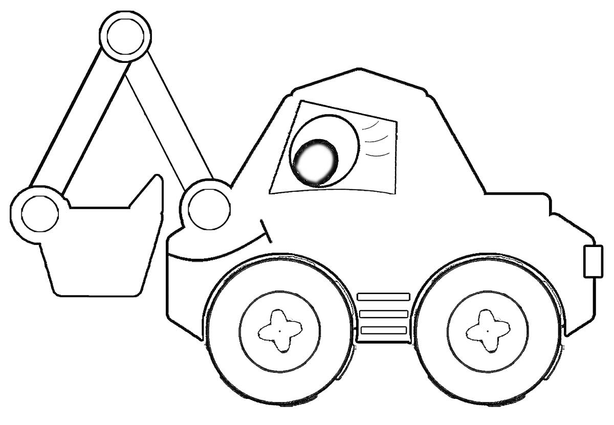 Раскраска Экскаватор с ковшом, глазами и большими колёсами