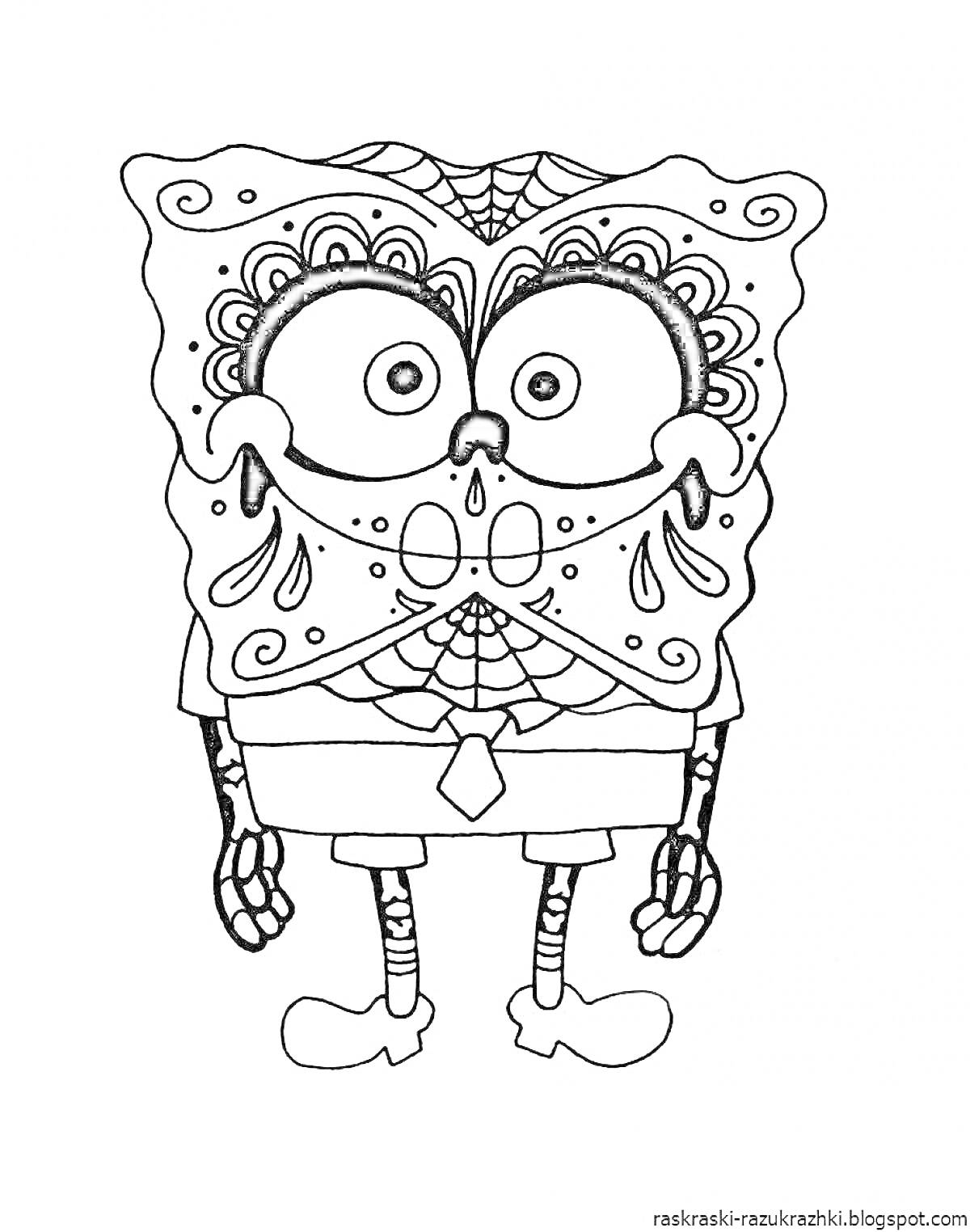Раскраска персонаж-губка с рисунками в стиле дудл и день мертвых, в рубашке и галстуке, узоры паутины на лице