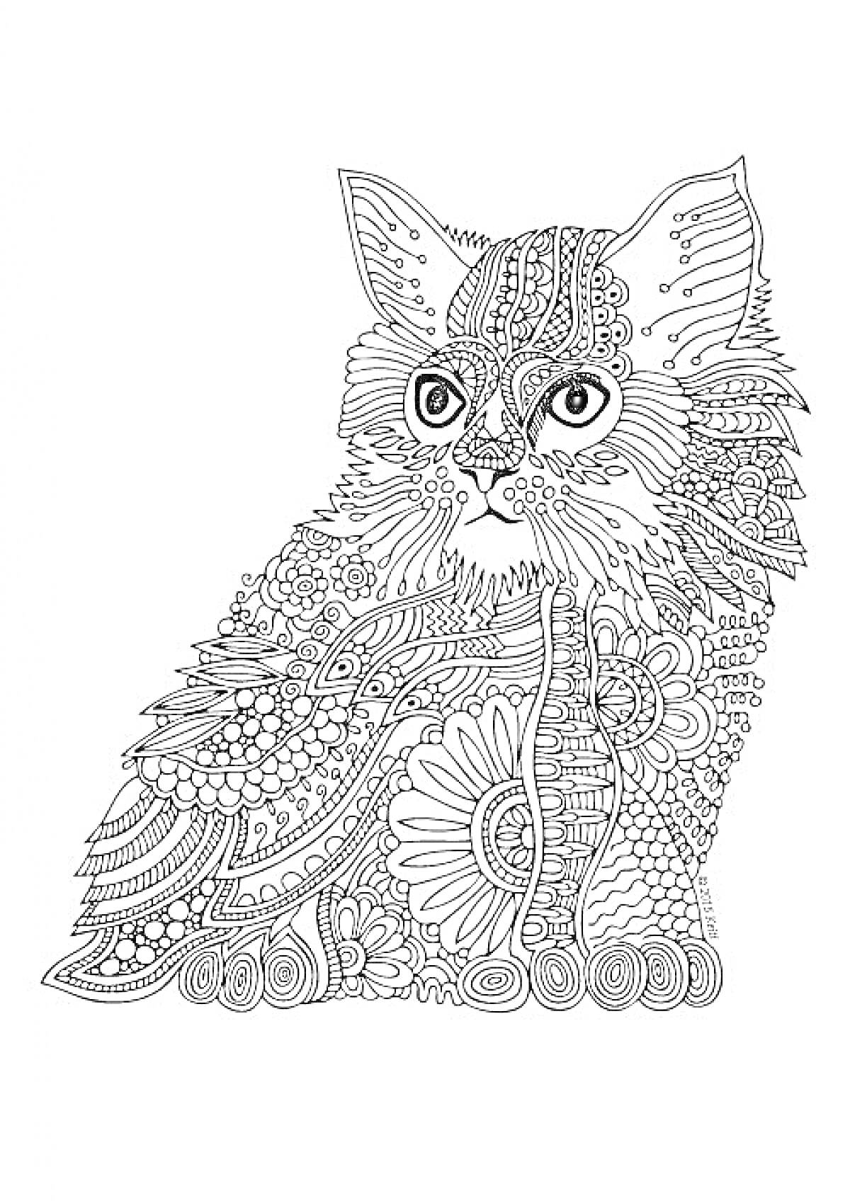 Раскраска Антистресс раскраска с изображением кошки, украшенной изогнутыми линиями, кругами и цветочными орнаментами