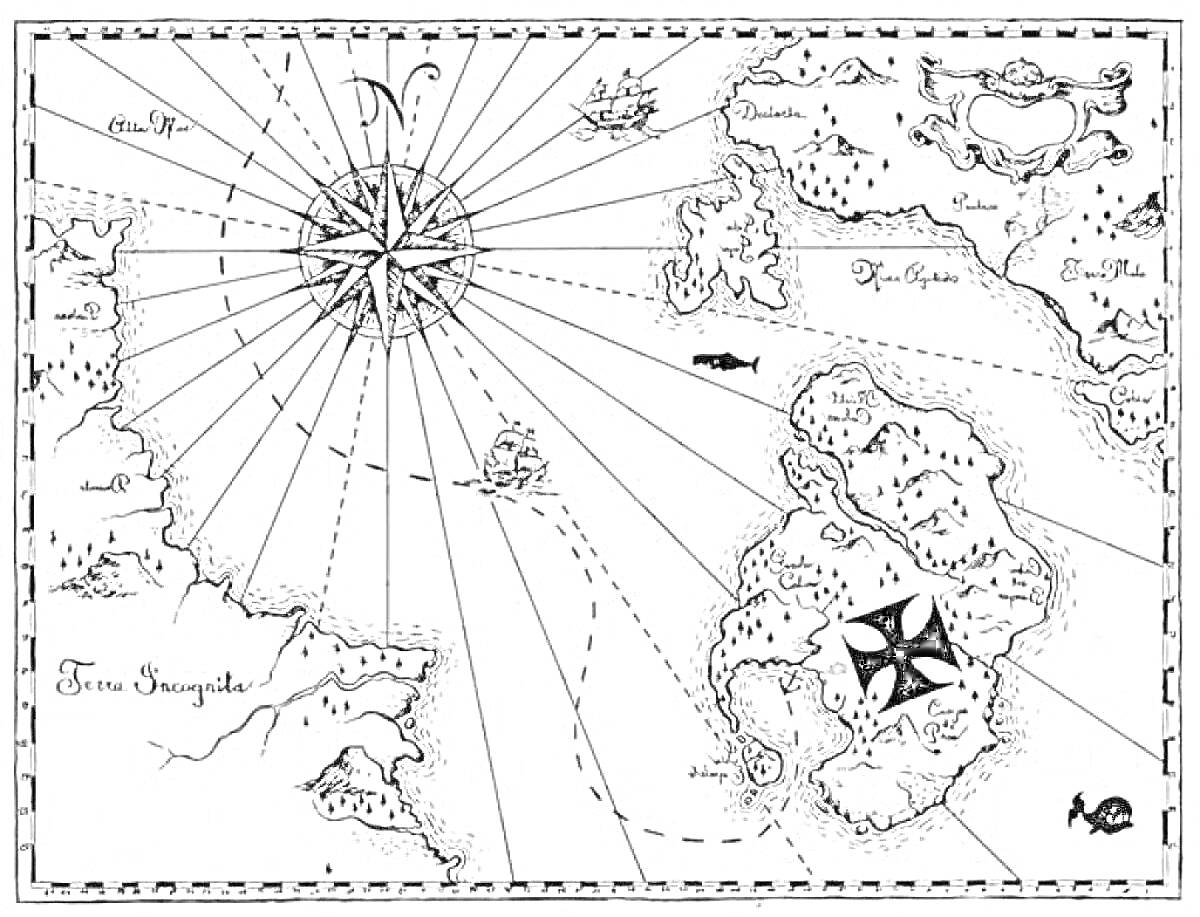 Раскраска карта пиратских сокровищ с компасом, островами, пиратским кораблем, черепахой, рыбами, сундуком с сокровищами и маршрутами