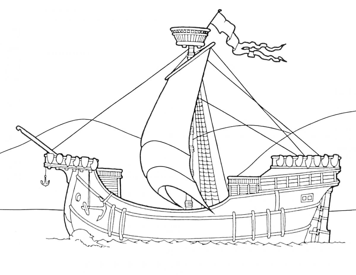 На раскраске изображено: Парусный корабль, Море, Вода, Волны, Флаг, Мачта