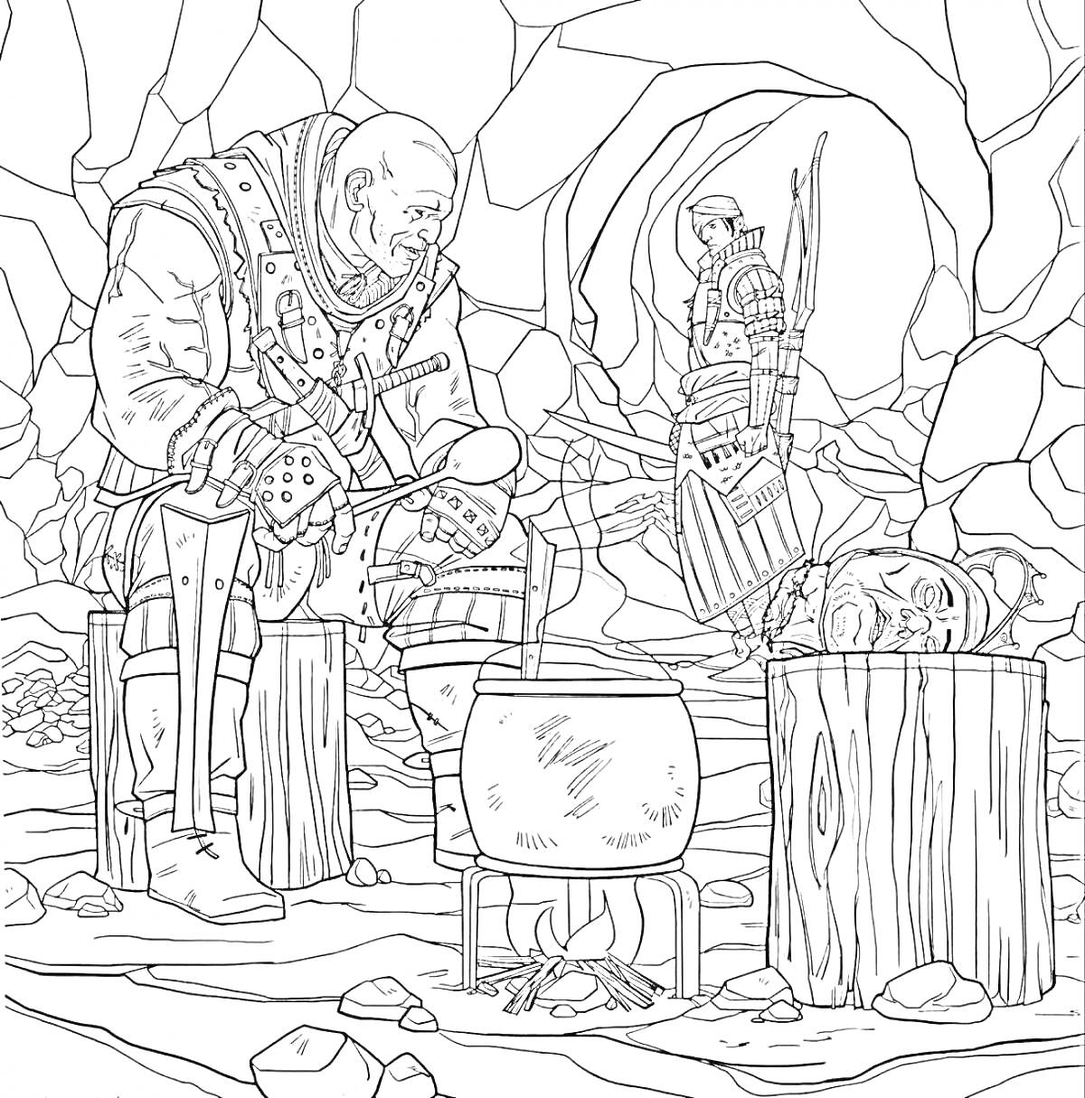 Раскраска Ведьмак у костра в пещере с товарищем, котелок на огне, поленница деревьев
