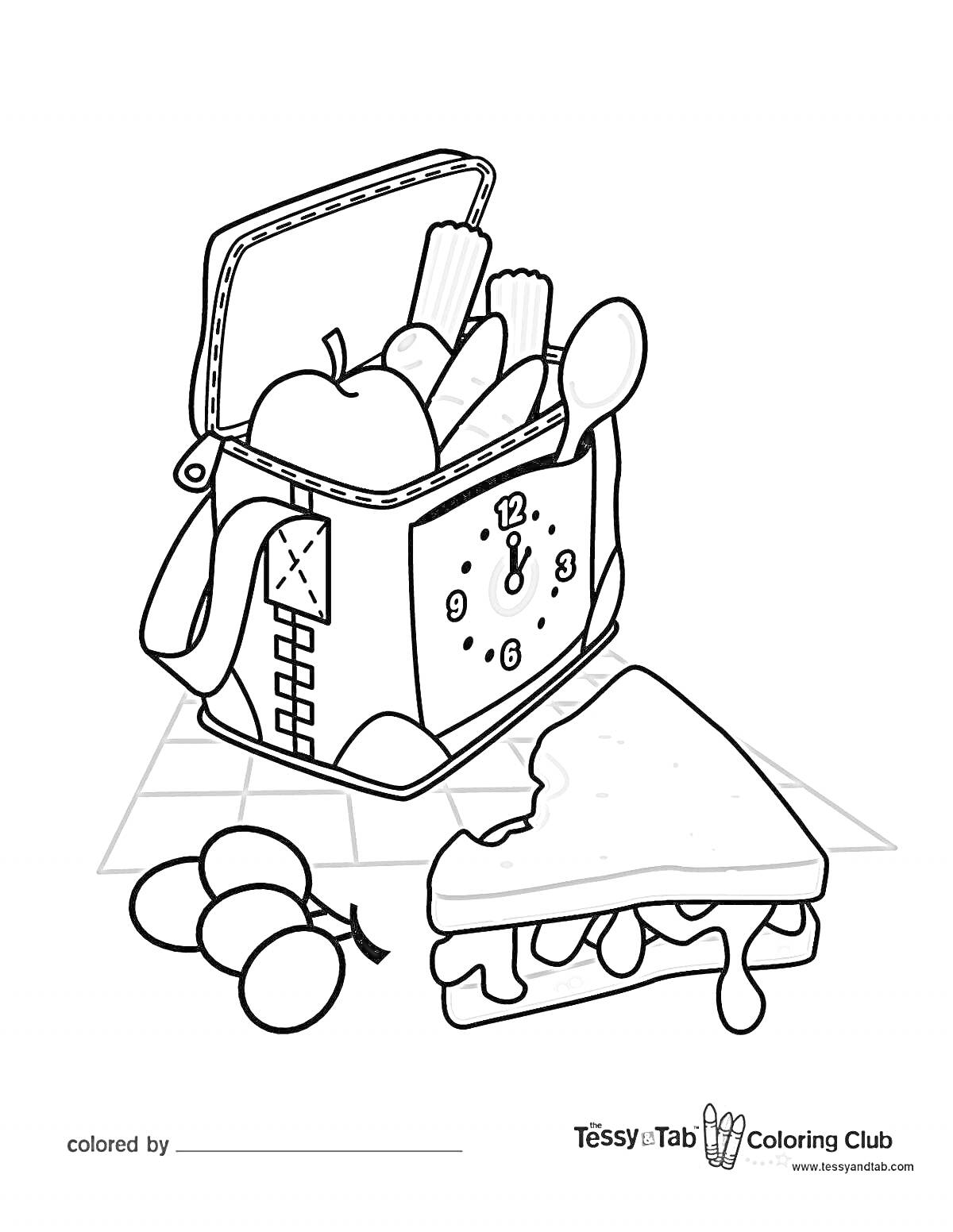 Раскраска Пикниковая корзина с едой, яблоко, столовые приборы, веточка винограда, сэндвич