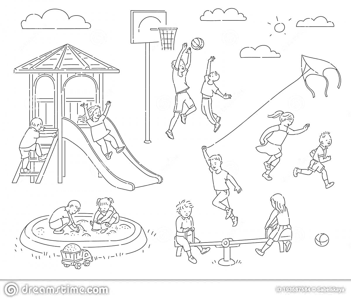 На раскраске изображено: Площадка, Горка, Баскетбольное кольцо, Качели, Песочница, Воздушный змей, Солнце, Облака, Игра, Отдых