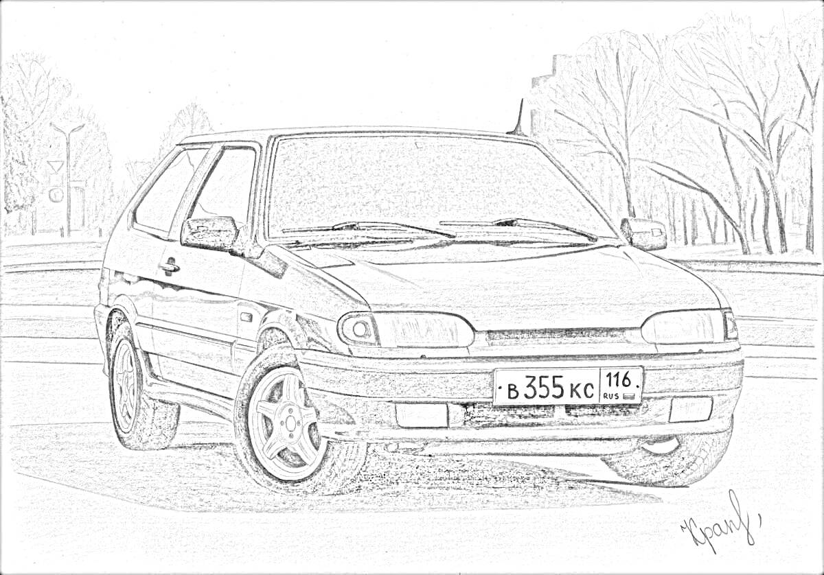 Раскраска Автомобиль ВАЗ-2114 на стоянке с деревьями и дорогой на заднем плане