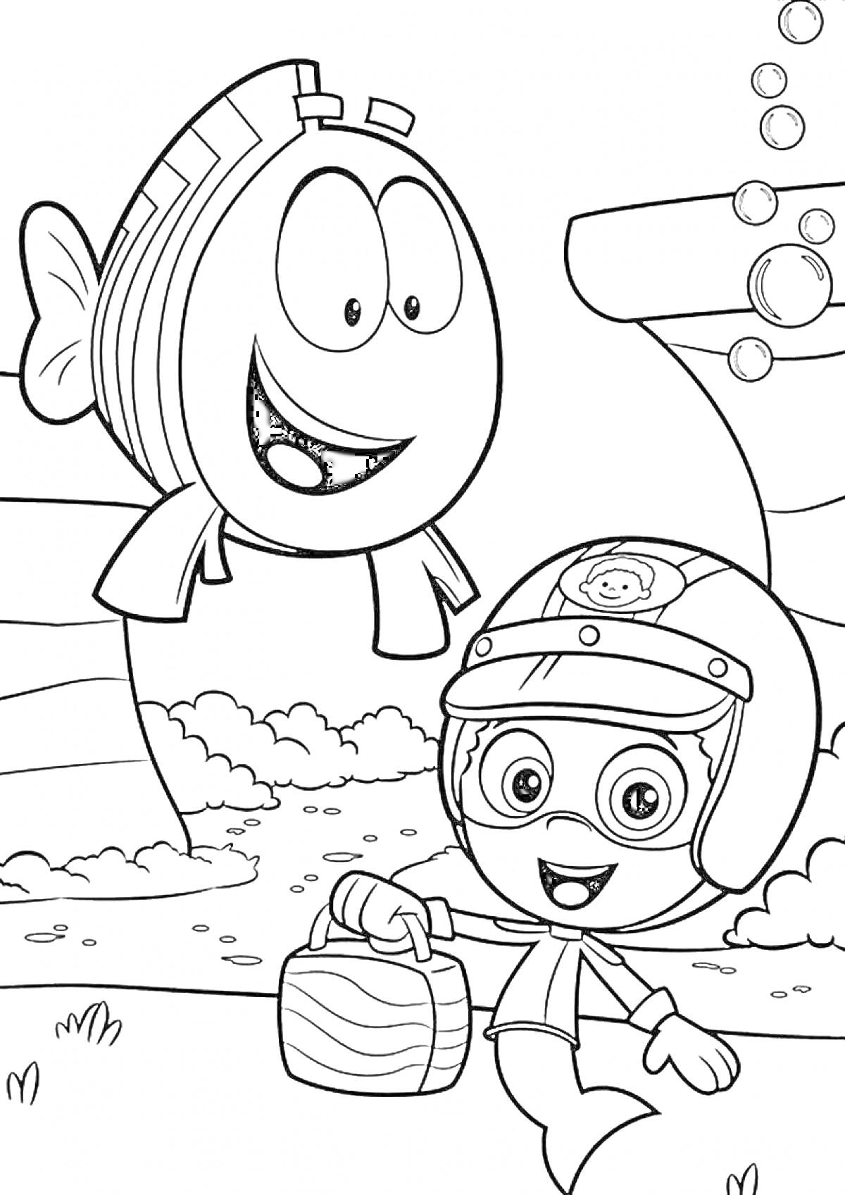 Раскраска Рыба и мальчик в шлеме с чемоданчиком на дне океана, пузыри