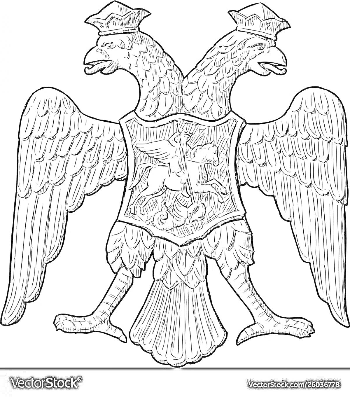 Раскраска Двуглавый орел с гербом, содержащим изображение всадника на фоне геральдического поля