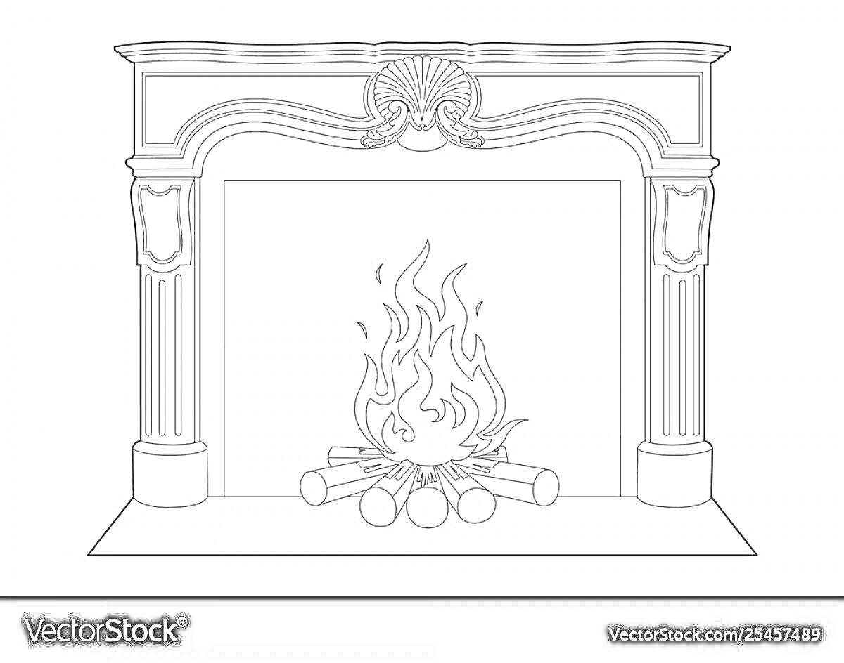 На раскраске изображено: Камин, Огонь, Дрова, Декор, Интерьер