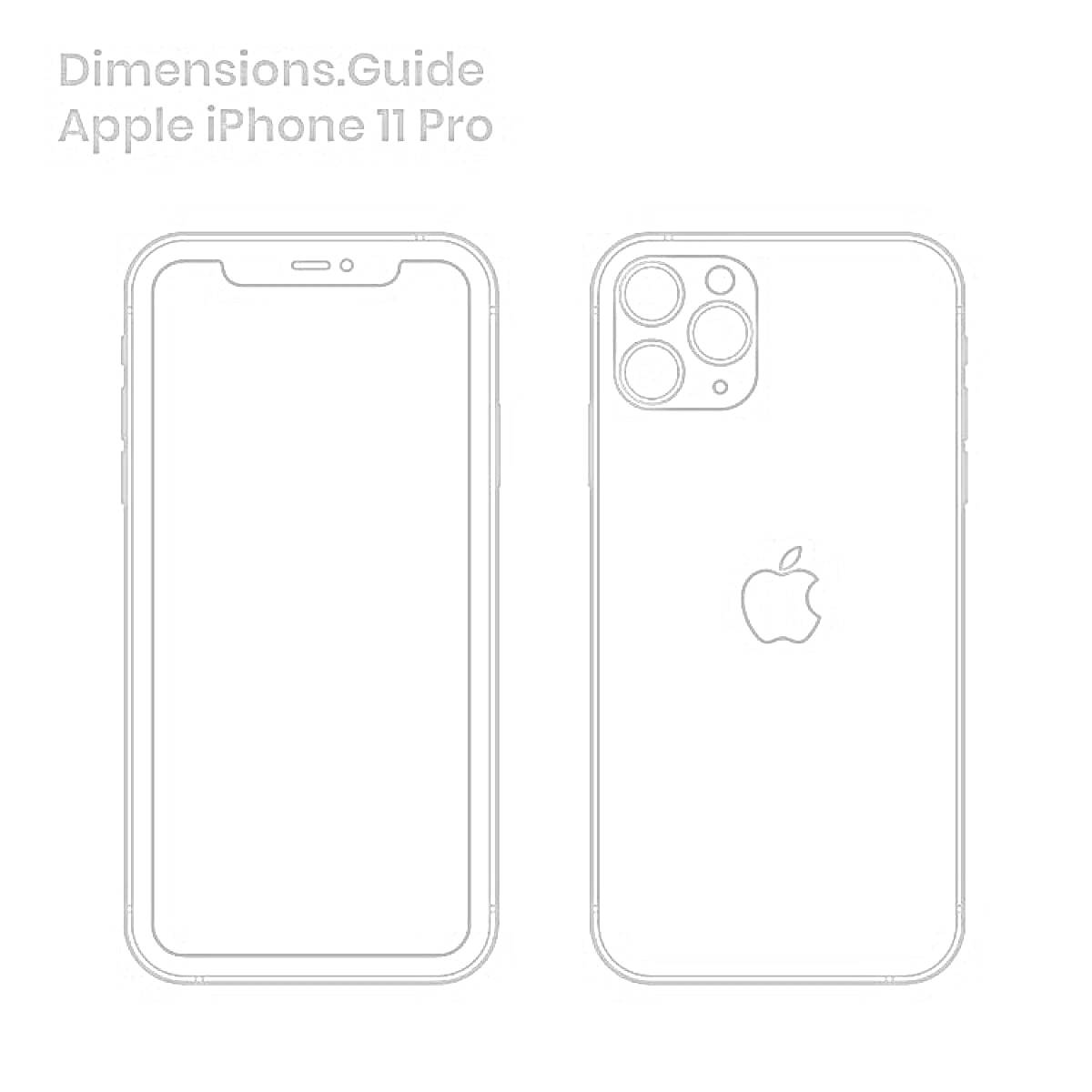 Раскраска Схема iPhone 11 Pro с передней и задней сторонами, отображающая расположение камеры и логотипа Apple