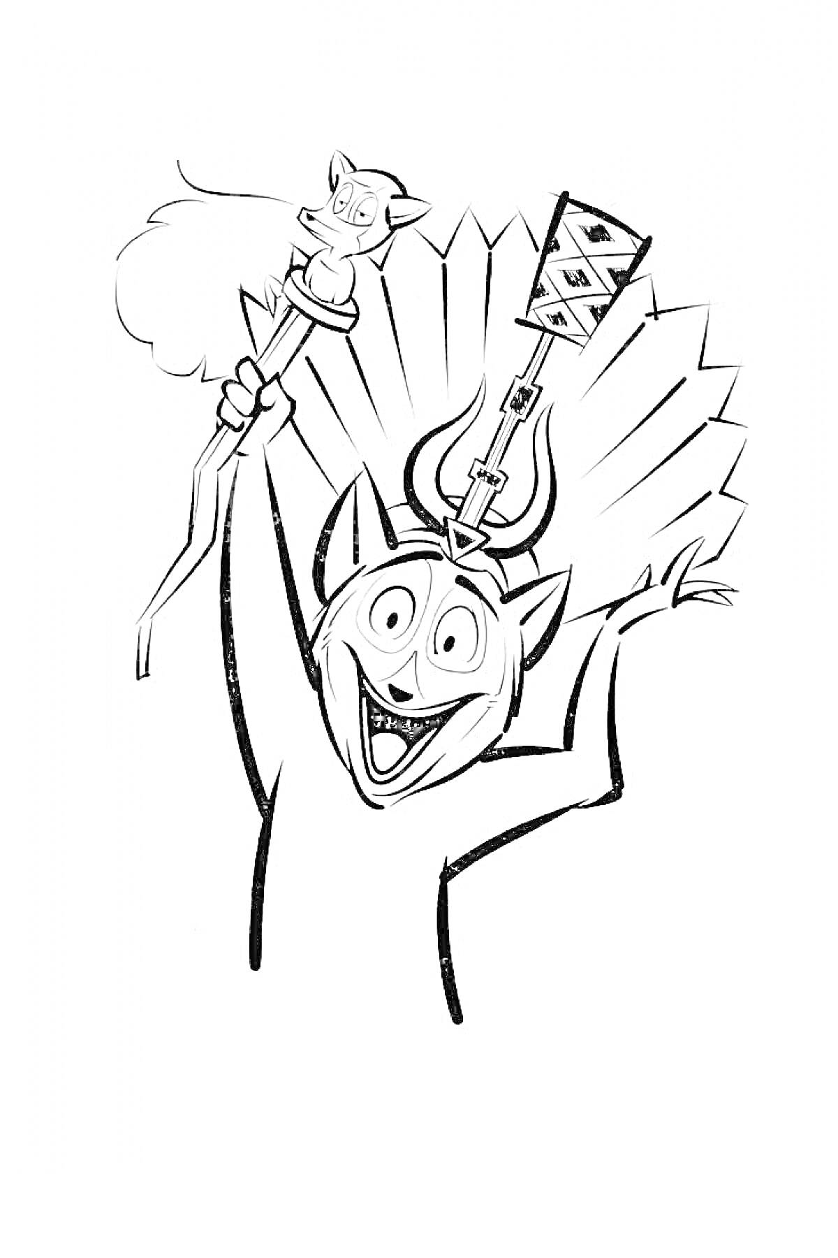 Раскраска Лемур с короной и жезлом, веер на фоне