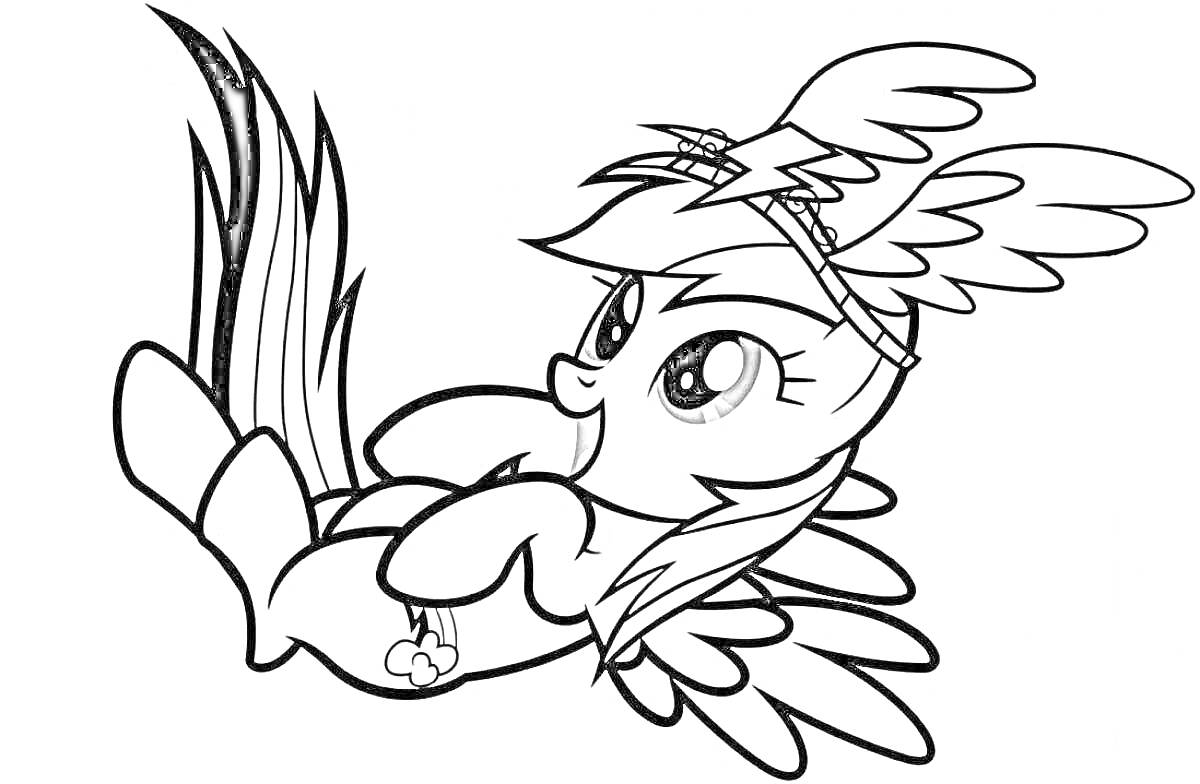 Раскраска Пони с крыльями и прической, лежащая на спине, улыбаясь